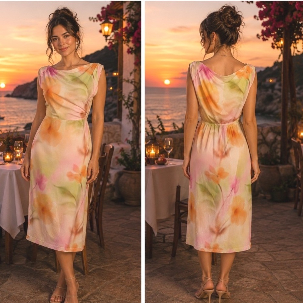 White‎ Closet Watercolor Floral Linen Blend Midi Dress Pink Orange Green Size 10